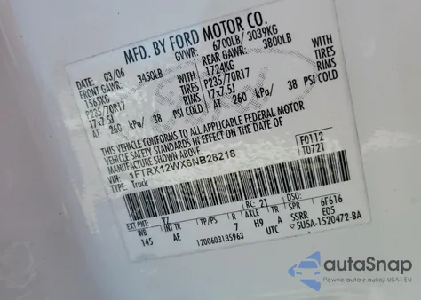 2006 Ford F150 z USA, uszkodzony, nr VIN 1FTRX12WX6NB28218